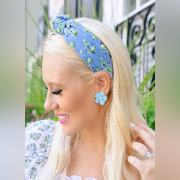 BRIANNA CANNON adult size Cornflower Blue and Green Block Print Knot Headband